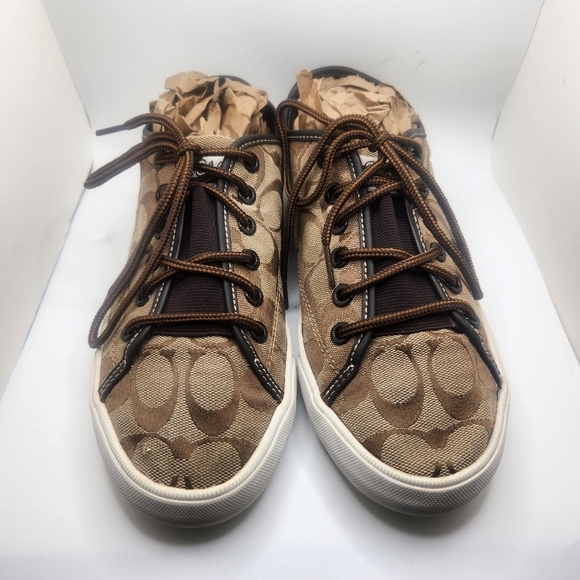 Coach Canvas Womens Size 8.5 Low Top Lace Up Sneakers Brown Tan Signature Cs - Picture 2 of 9